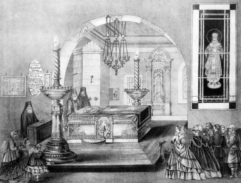 Гробница с мощами св. Тихона Задонского в тёплой церкви Богородицкого монастыря. Литография 1861 г.