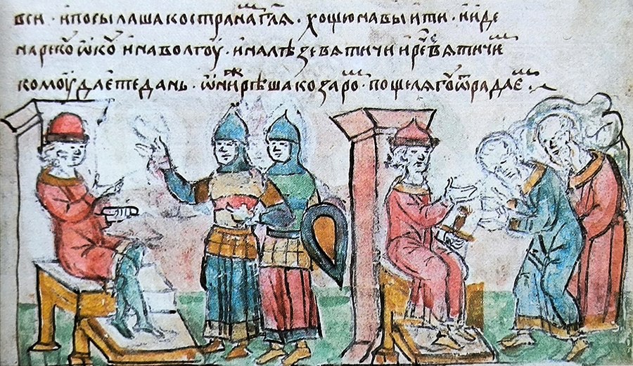 Вятичи платят дань Святославу. Миниатюра