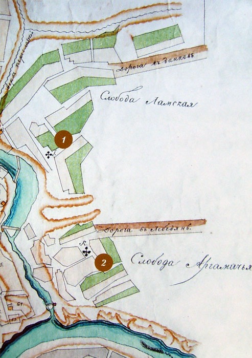 Фрагмент плана Ельца 1825 г. и Предтеченская церковь